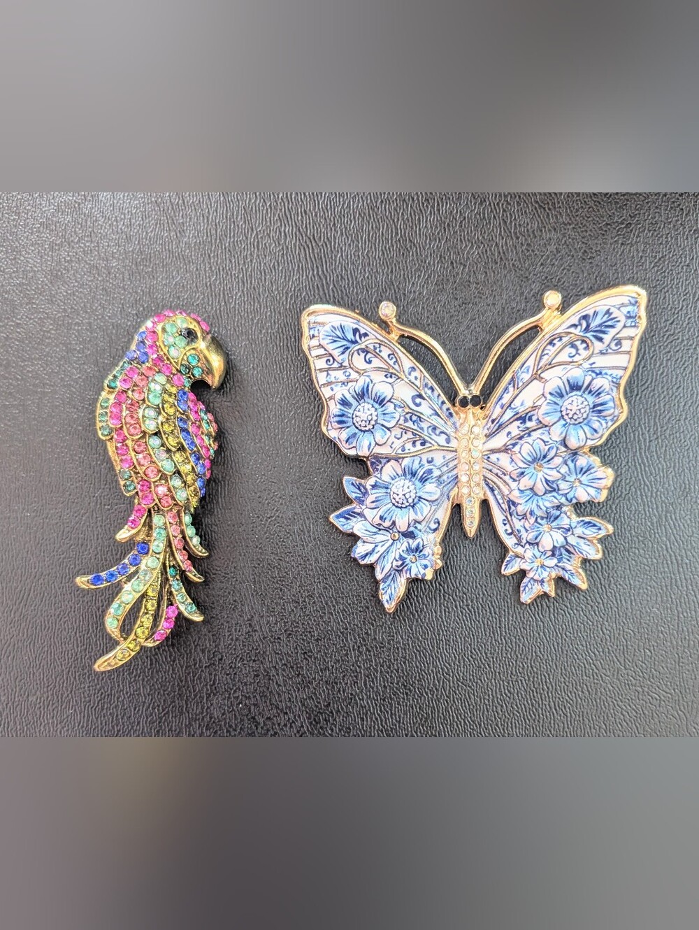 Blue Floral Butterfly Brooch with Gold Accents & Colourful Parrot Brooch/Pendant